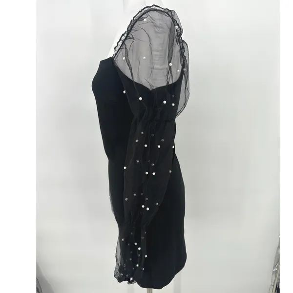 Thirty/Thirty‎ Mini Dress M Black Sheer Pearl Bodycon Party Cocktail Romantic - Image 4