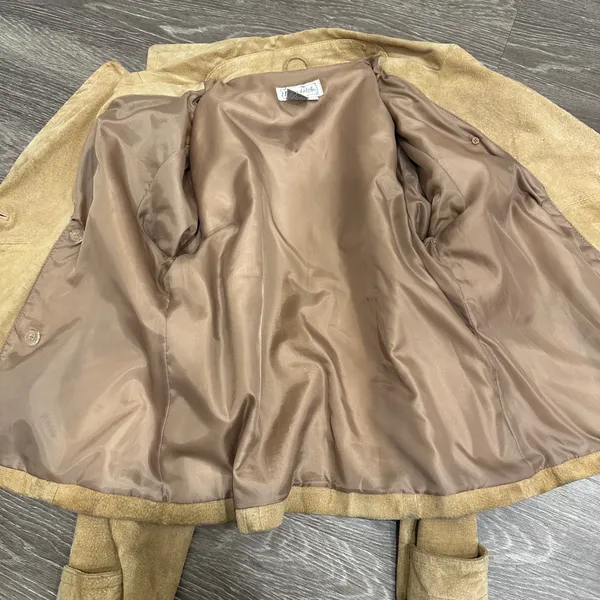 Y2K Live a Little Tan Suede Leather Double Breasted Pea Coat Jacket Small Preppy - Image 3