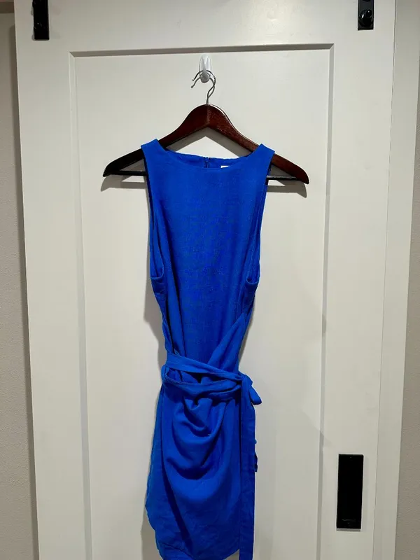COMMENSE Sleeveless Wrap Style Mini Dress Cobalt Blue Linen Blend L NWT - Image 3