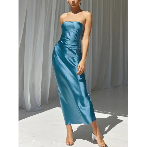 Runaway Blue Satin Midi Slip Dress XL Ruched Cocktail Semi Formal Bias Cut $139 - Image 8