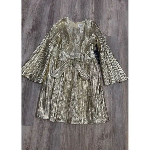 Tuckernuck Hyacinth House Gold Plisse Carol Bow Mini Dress Size Medium NEW - Image 2