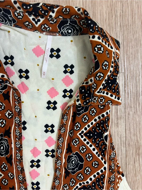 Free People Cream & Rust Patterned V-Neck Halter Tunic - Image 4