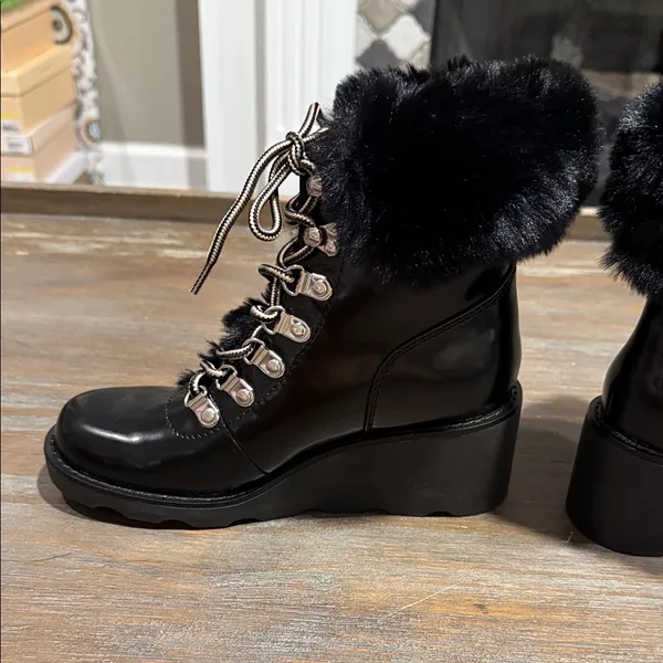 INC Hannia Patent Faux Fur Lace-Up Wedge Booties‎ Black Size 5.5 NIB - Image 6