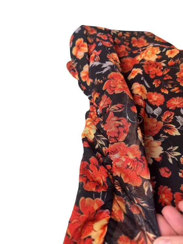 Zeagoo mesh floral top orange and black ruched sides Size Medium - Image 4