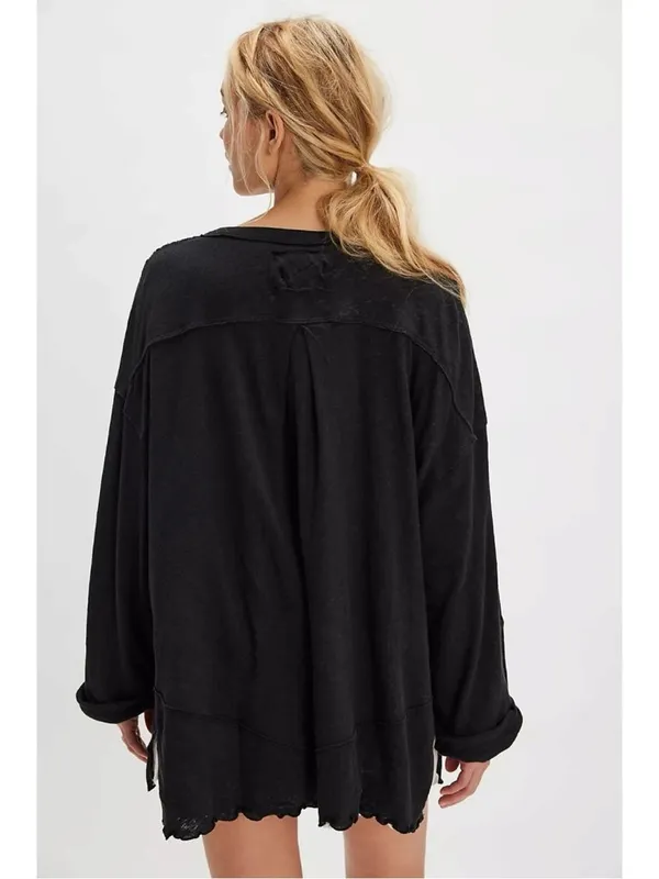 Free People Oversized Slouchy Cotton Linen Henley Tee in Black Medium NWT - Image 2