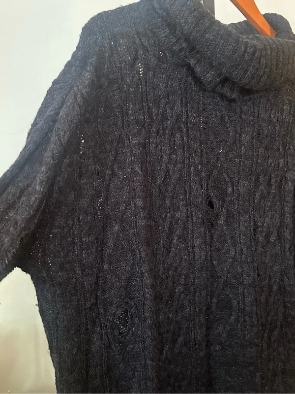 Free People Distressed Cable Knit Turtleneck Sweater Oversized Cowl Black Small‎ - Image 4
