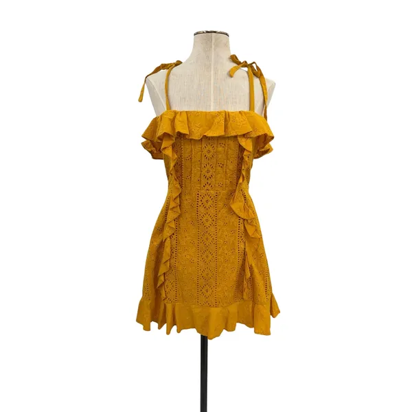 Majorelle Mara Eyelet Ruffle Mini Dress Mustard Yellow Tie Strap Size‎ Small - Image 3