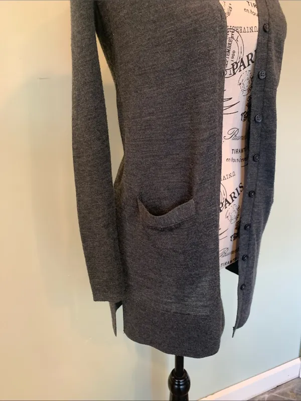 LOFT Women’s XXS Petite Charcoal Gray Longline Button Up V-Neck Cardigan Sweater - Image 3