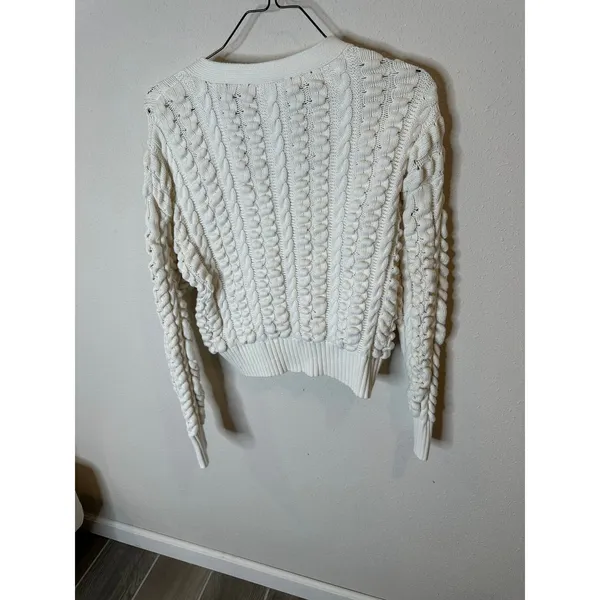 Ann Taylor Weekend Womens Cream‎ 100% Cotton Chunky Cable Bobble Knit Cardigan L - Image 4