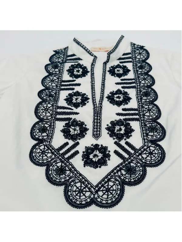 Tory Burch Richa Tunic Top Size 8 White Navy Blue Embroidered - Image 5