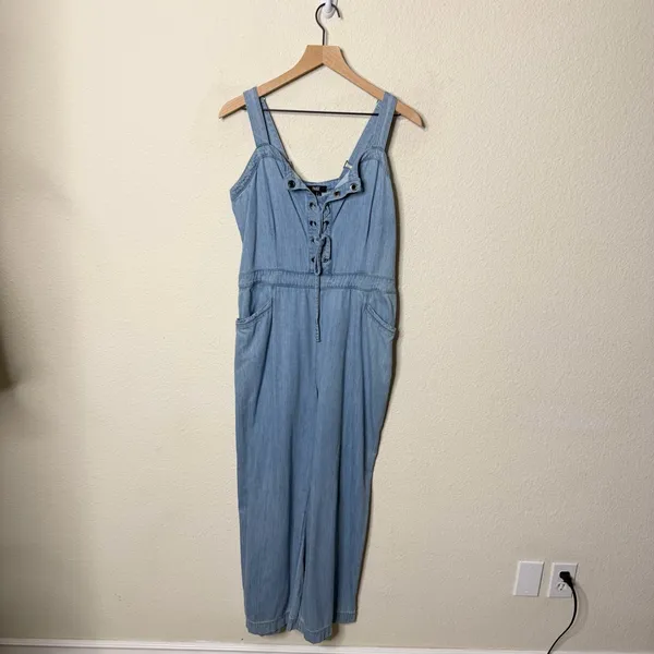 Paige x Revolve November Denim Jumpsuit Overalls Zeila‎ Crop Wide Leg Lace Up XL - Image 5