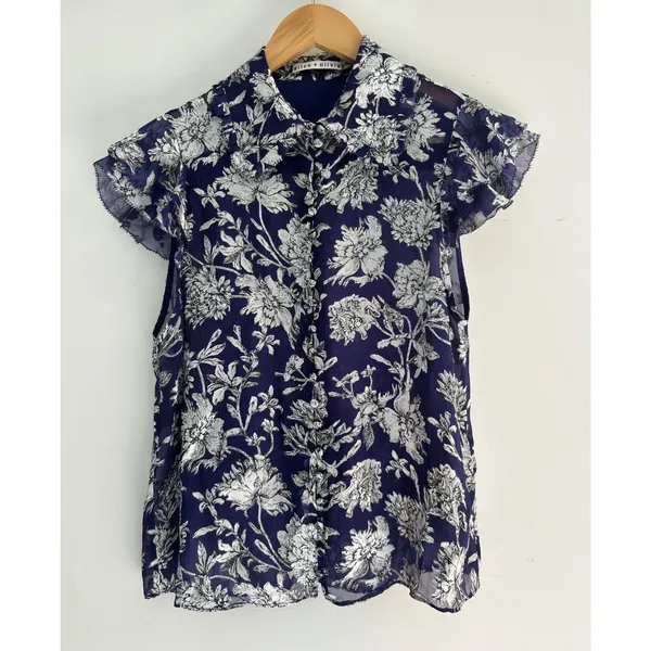 Alice + Olivia Layered Ruffle Sleeve Shirt Blouse Navy Blue Floral Silk Small - Image 2