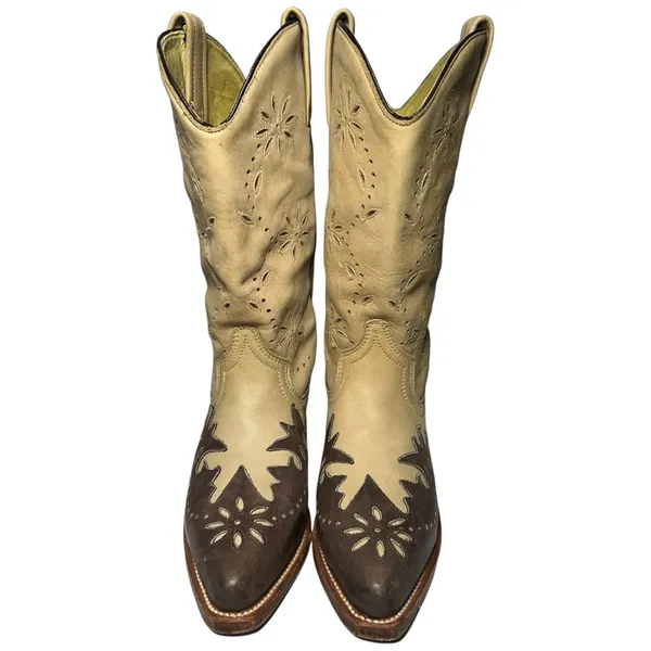 Loblan Women’s Size 7 Tan Brown Pointed Toe Leather Decorative Cowboy Boots - Image 4