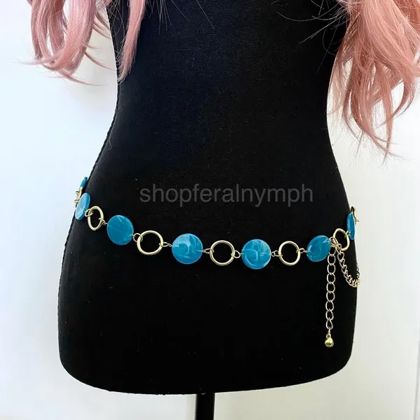 Gold Y2K Blue Marbled Disc Chain Belt, Fits 20.5-43 Inches, X7GA1270 - Image 3