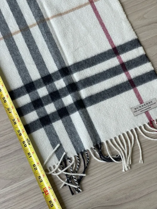 Burberry Cream Plaid Cashmere Scarf with Black and Burgundy Stripes - Image 7