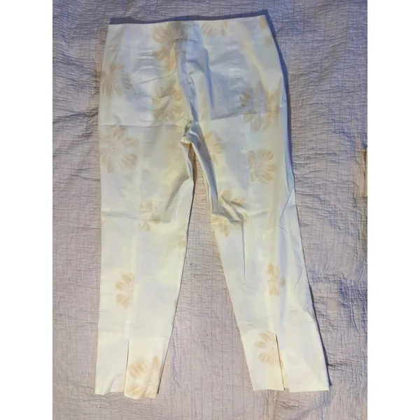 DKNY Womens Floral Print Cropped Pants Cream Tan Side Zip Stretch Trousers - Image 3