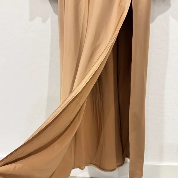 Billy J Brigitte‎ Dress Plus Size 20 Tan Satin Tie Front Maxi V Neck Old Money - Image 6