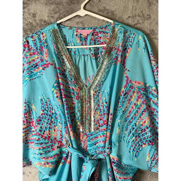Lilly Pulitzer Wilda Cover Up Dress Small Blue Beaded Tie Waist Resort Swim Silk - Image 2