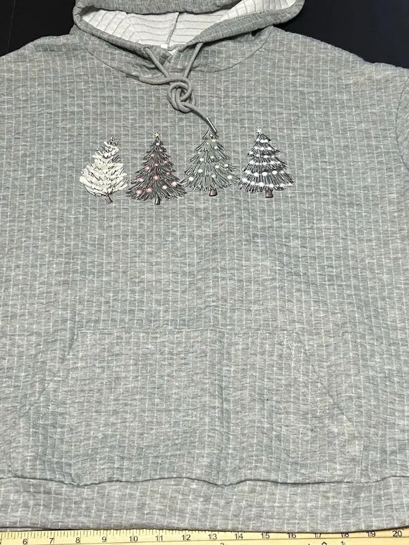 Women's XL Grey Quilted Waffle Christmas Tree Hoodie Holiday Pullover Sweatshirt - Image 3