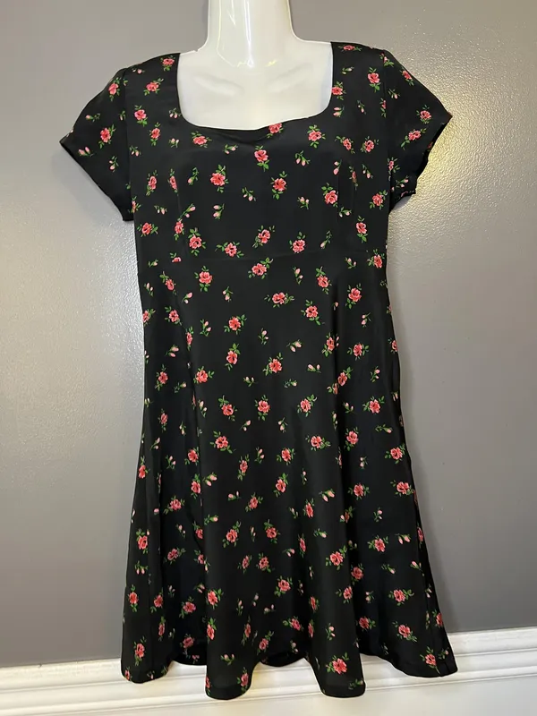 Vintage Esprit Dress Women 6 Black Floral Fit & Flare Short Square Neck Sundress - Image 2