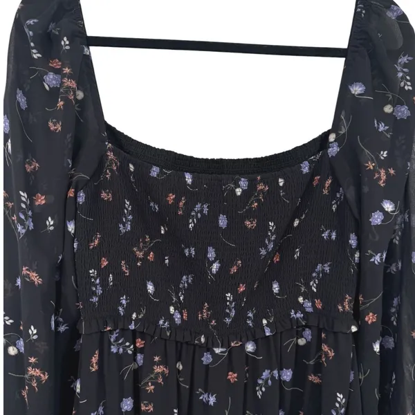 Aritzia Wilfred Black Floral Smocked Square Neck Long Sleeve Midi Dress Sz Large - Image 5