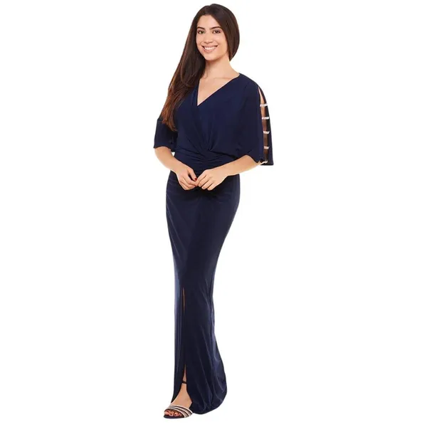 NWT MSK V-Neck Rhinestone Ladder Trim Side Slit Evening Gown Dress Navy Blue S - Image 3