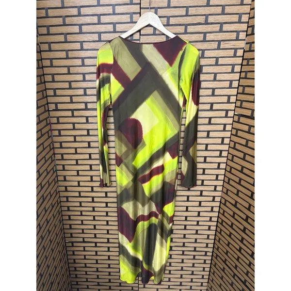 Zara Lime Green Abstract Long Sleeve Open Back‎ Maxi Dress Size Small - Image 2