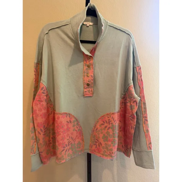 Easel Oversized Flower Patchwork Mock Neck Terry Knit Top in Sage Size S - Image 2