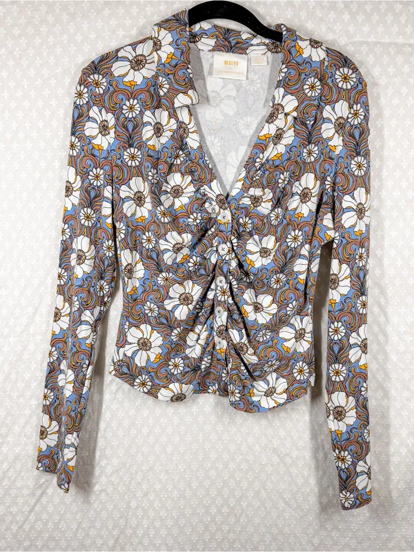 Anthropologie Maeve Blue Brown Retro Floral Button Front‎ Long Sleeve Top - Image 2