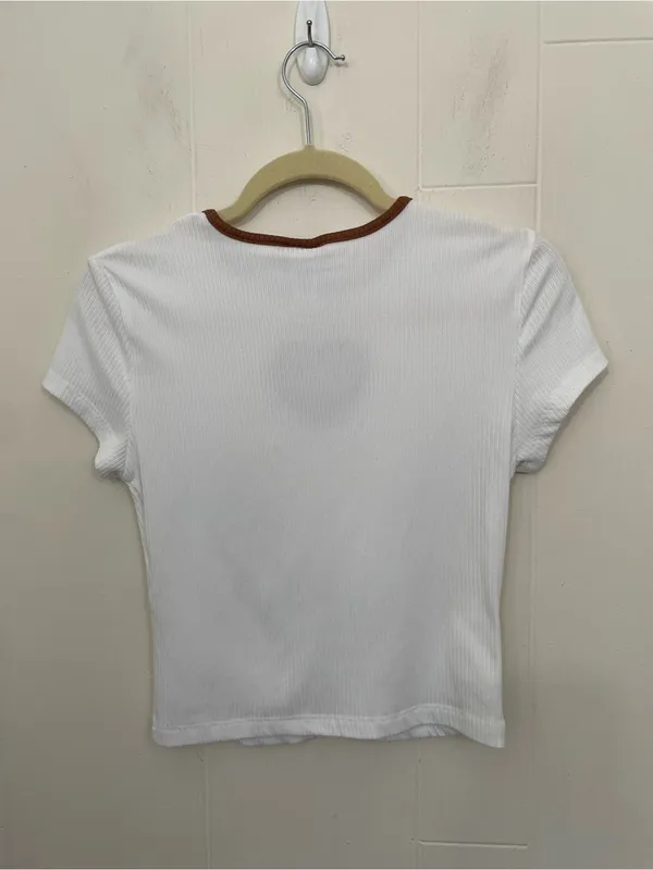 Rue 21 Baby Doll Top Heart Cut Out Size M White Ribbed Brown Trim Y2K 2000s - Image 3