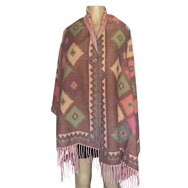 Mexican Artisan Reversible Woven Poncho Multicolor Geometric Boho Shawl Wrap - Image 2