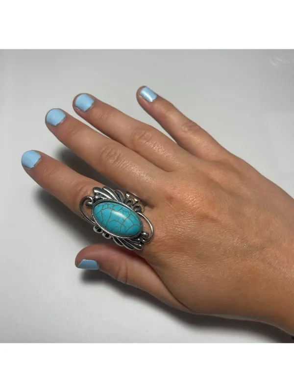 Turquoise Statement Ring unmarked silver tone boho chic festival wear Blue - Image 2