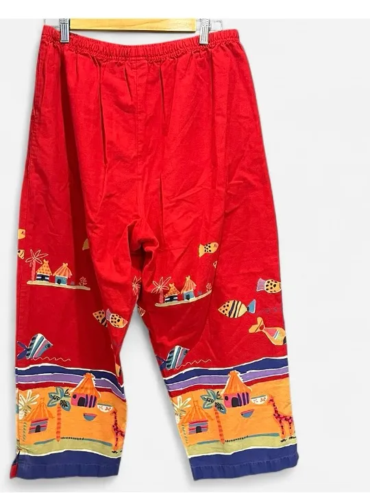 Vintage Y2K White Stag Red Wide Leg Capri Pants Cotton L Boho Resort - Image 5