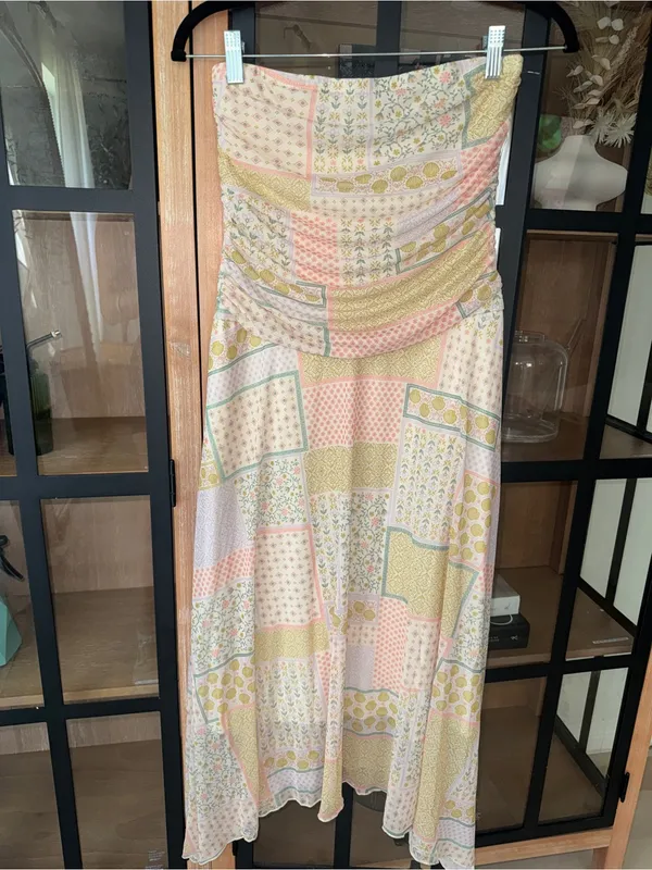 See You Monday patchwork dress midi fairy ruched stretchy pastel boho strapless - Image 4