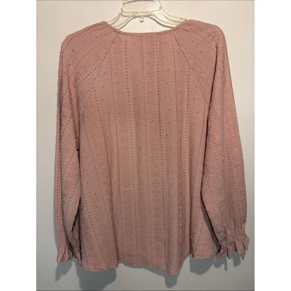 Frye Blush Pink Eyelet Peasant Boho Aztec Print Textured Buttons Blouse SZ L - Image 4