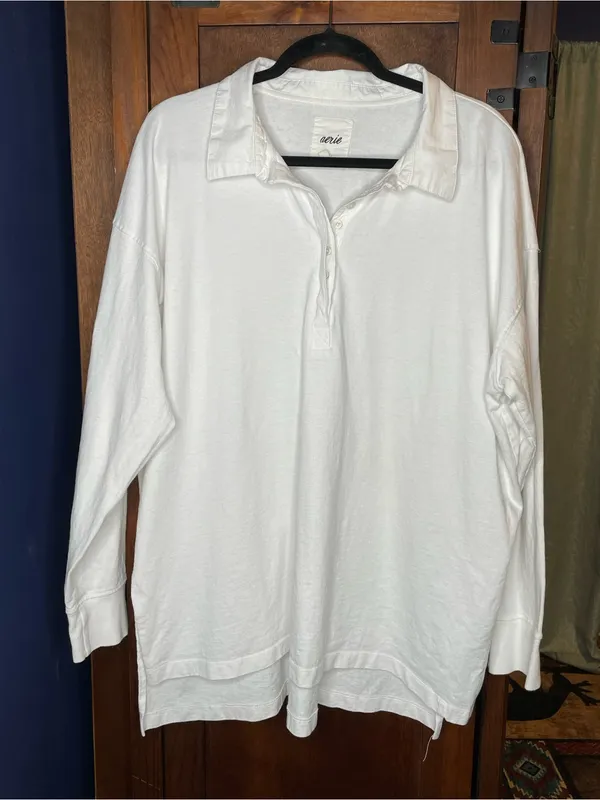 Aerie Womens Oversized Rugby Polo Top XL White Cotton Boyfriend Coastal Preppy - Image 2