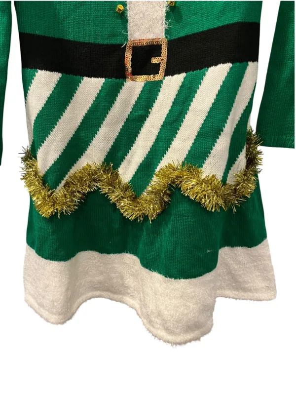 Elf Ugly Christmas Sweater Dress Cold Shoulder Green White Tinsel Trim Small - Image 6