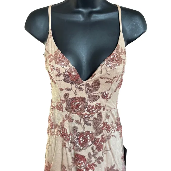 NWT Lulus Shine Language Rose Gold Sequin Mermaid Maxi Dress Sz‎ XS - Image 2
