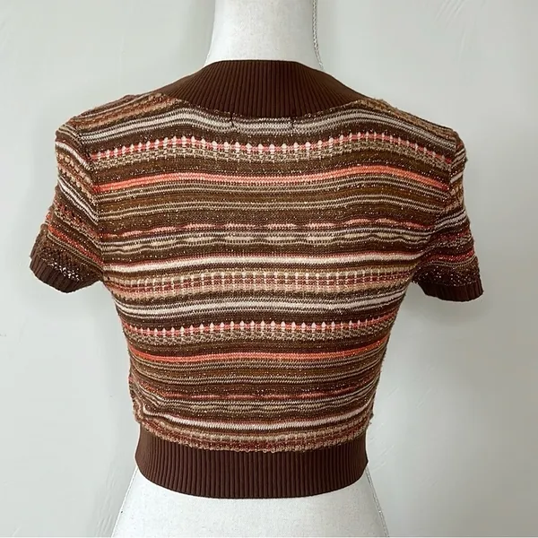 Striped Crochet Knit Top Brown Size M - Image 4