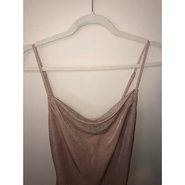 Revolve Donna Mizani Carrie Midi Dress Pink Nude Size S Metallic Asymmetric Hem Coquette - Image 9