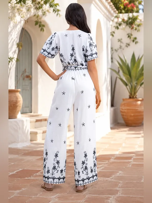 NWT White & Black Embroidered Two-Piece Wide-Leg Pants Set Large - Image 6