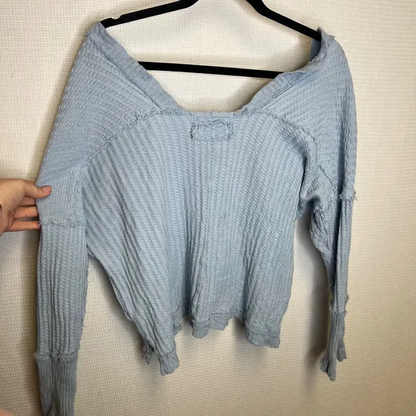 We The Free Free People Light Blue Waffle Knit‎ Slouchy Thermal Top Medium - Image 3