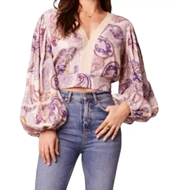 Band Of The Free New Paisley Lace V-Neck Balloon Sleeve Crop Top Size Small - Image 4