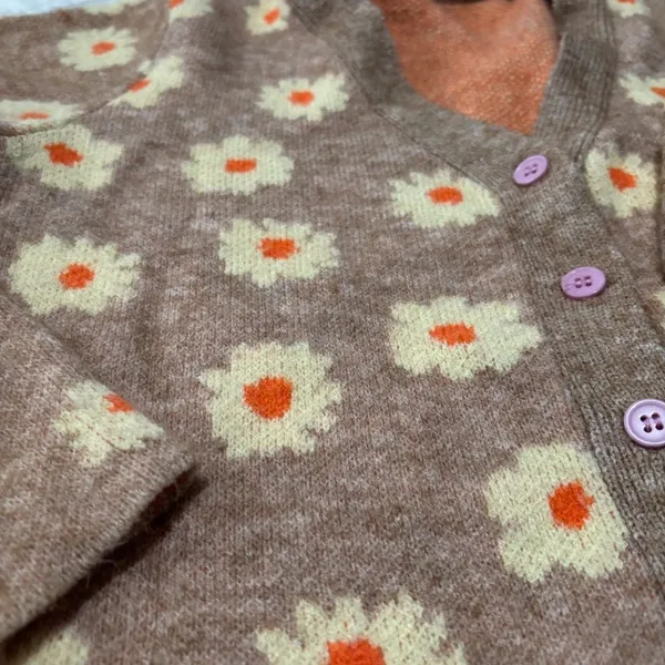 Floral Knit C ardigan - Pink Flower Buttons - Size One Size - Image 6
