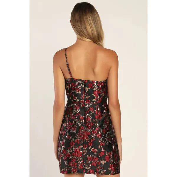 NWT Womens Size Small Lulu's Black Red Floral Jacquard One-Shoulder Mini Dress - Image 3