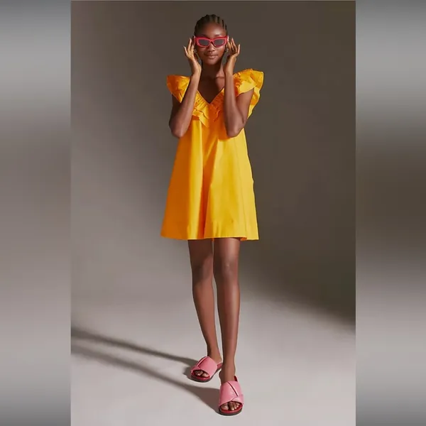 Maeve Ruffle Tunica Mini Dress V-Neck A-Line Spring Mango Vacay Resort 🌴💛 - Image 4