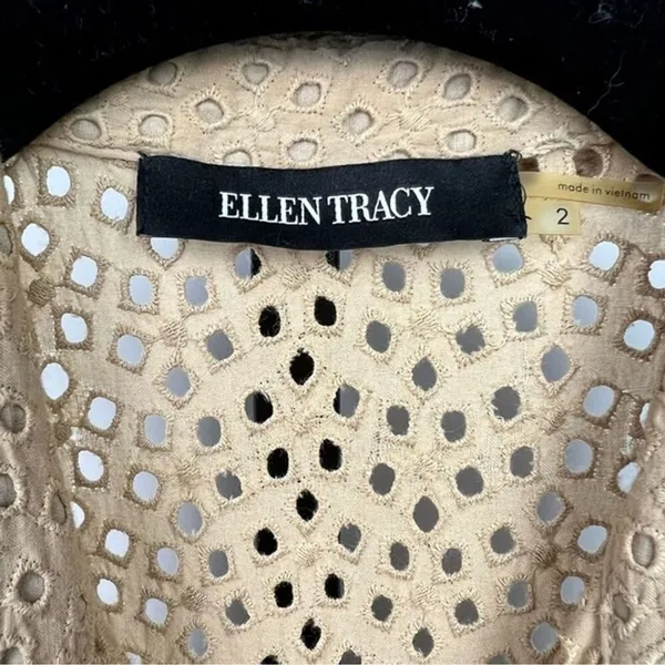 Ellen Tracy Eyelet Dress Womens 2P Tan Cotton Tiered Fit Flare Midi Shirt Dress - Image 7