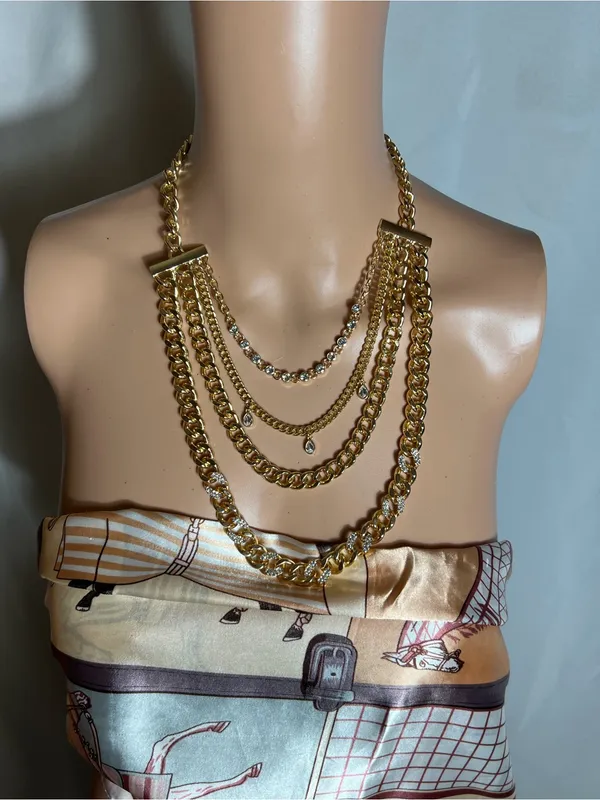 Source Unknown Gold Tone Layered Chain Statement Necklace Rhinestone Teardrop Bib - Image 4