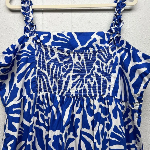 H&M Babydoll Midi Dress Womens XL Smocked Beachy Coastal Nautical Travel Island - Image 9