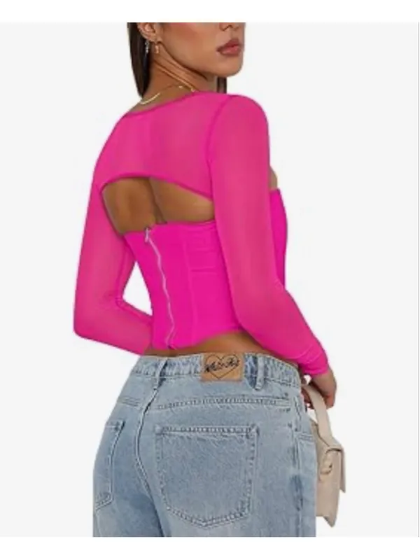 NEW REORIA Mesh Long Sleeve Boned Corset Top Y2K Square Neck M - Image 2